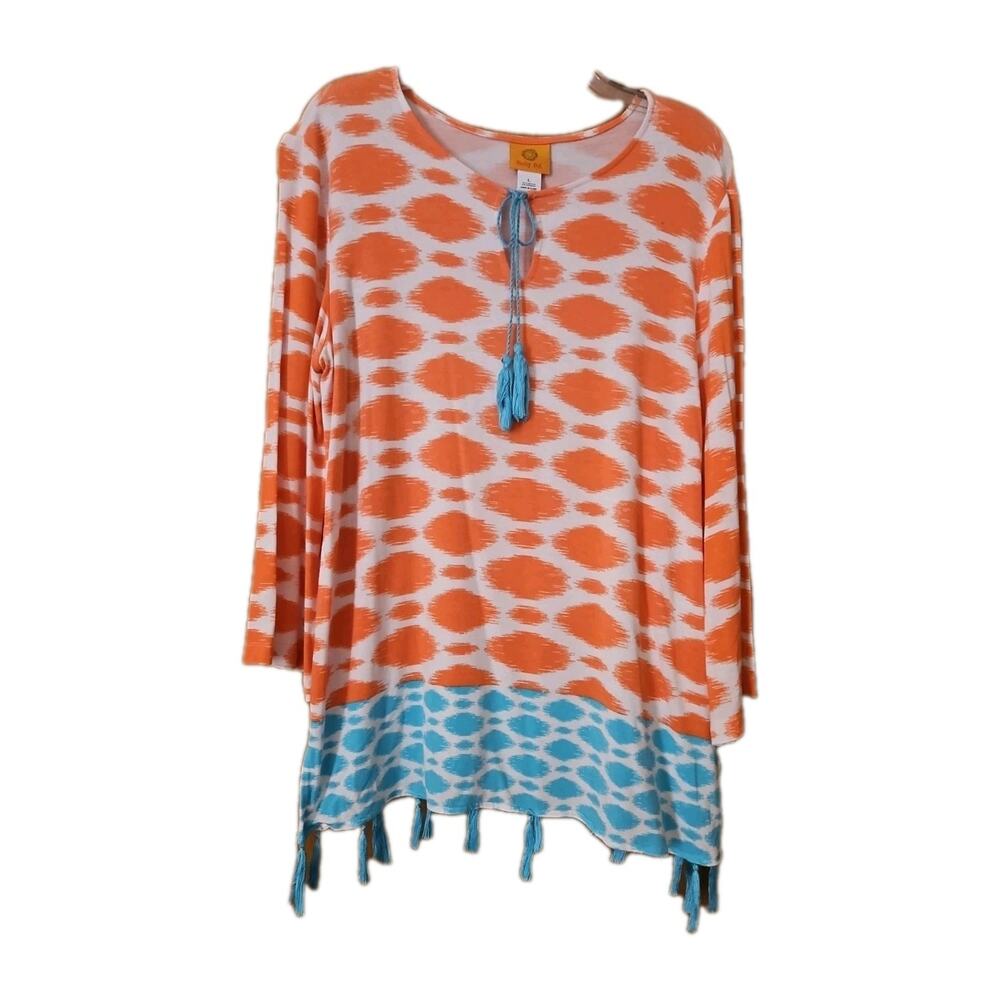 Ruby Rd Boho-Style Tunic Blouse Orange and Blue Ikat Print and Tassels